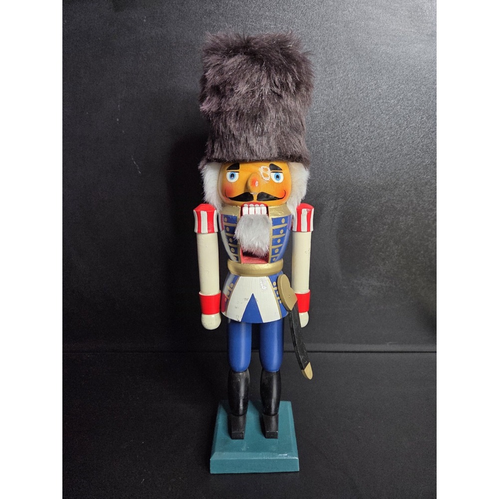 Vintage Wooden Nutcracker Soldier Blue Uniform 16" Faux Fur Hat Christmas Decor
